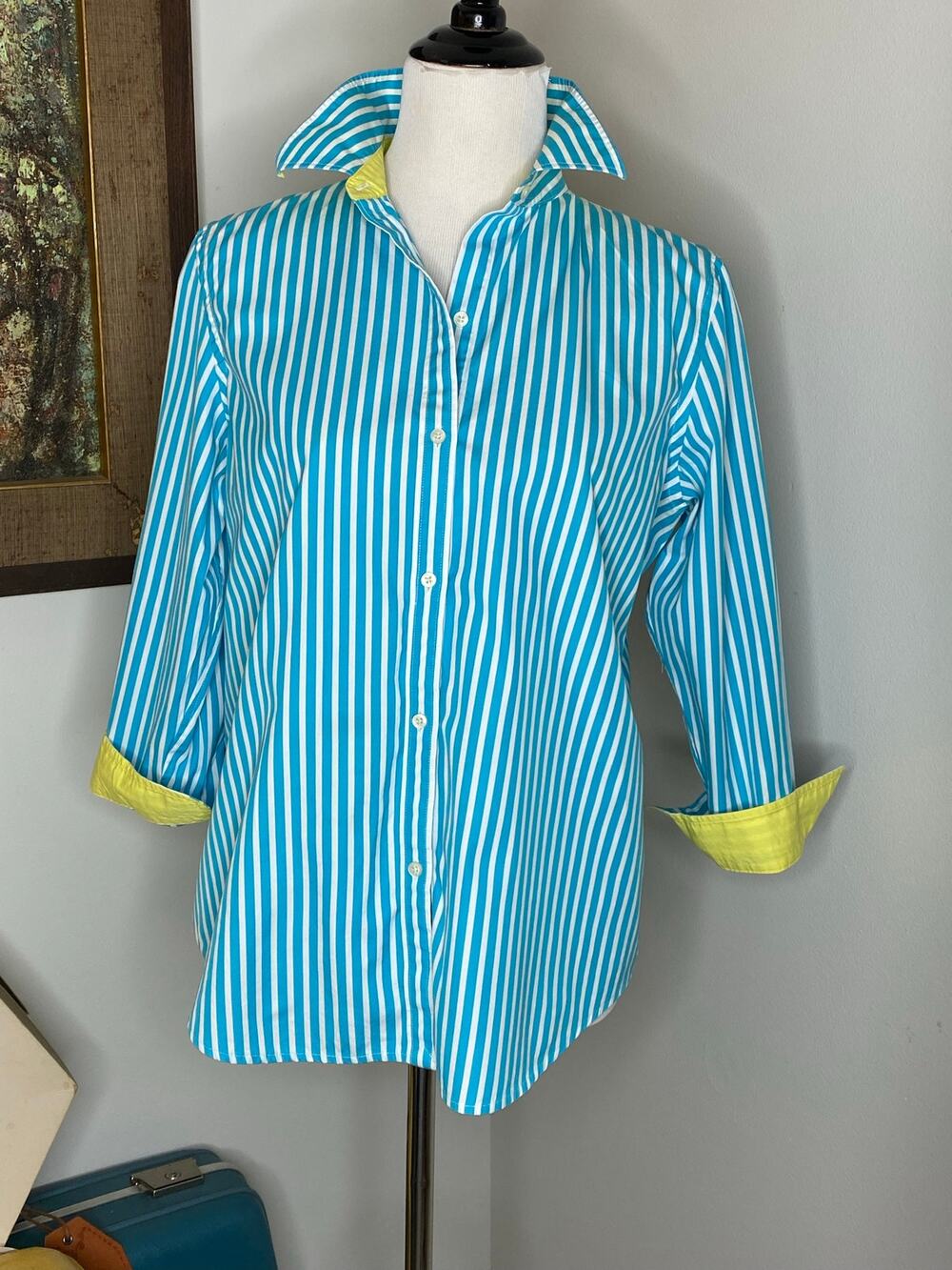 Lauren Ralph Lauren Shirt L Turquoise White Stripe Contrast Cuff Button Down